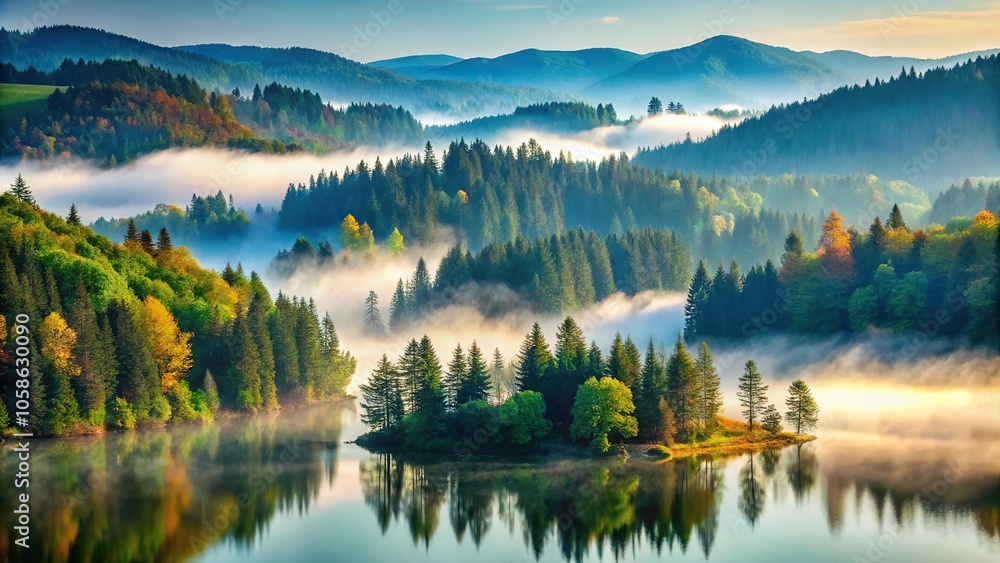 Rolling hills covered with tall trees and a misty lake in the background, mountainous terrain, nature wallpaper Rolling hills covered with tall trees and a misty lake in the background, mountainous terrain, nature wallpaper