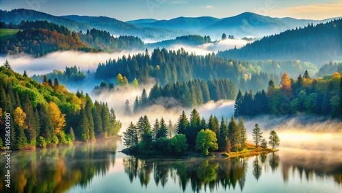 Rolling hills covered with tall trees and a misty lake in the background, mountainous terrain, nature wallpaper