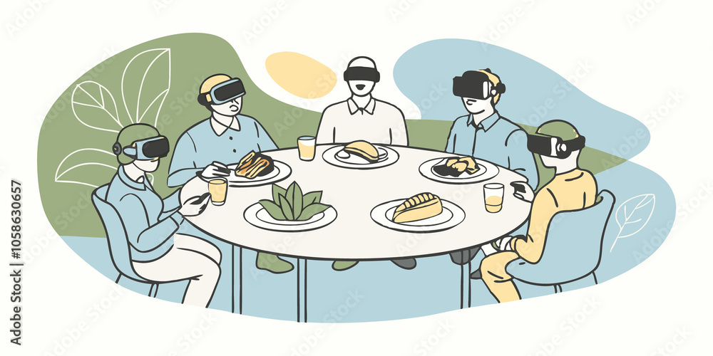 Naklejka premium Virtual Reality Dining A futuristic restaurant featuring guests wearing VR headsets while enjoying labgrown meat dishes exploring different environments as they eat.