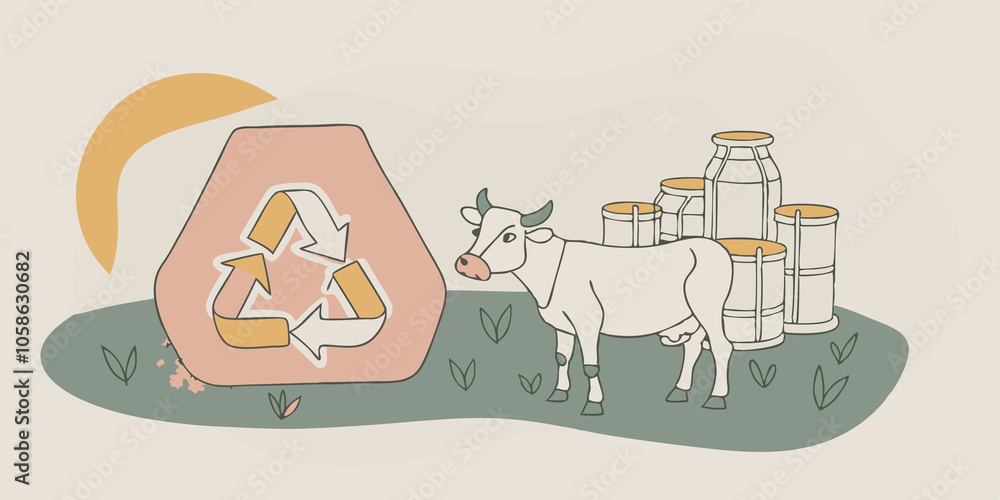 Naklejka premium Waste Reduction An illustration of a landfill filled with organic waste from cattle farming juxtaposed with a recycling symbol next to a lab setting representing reduced waste