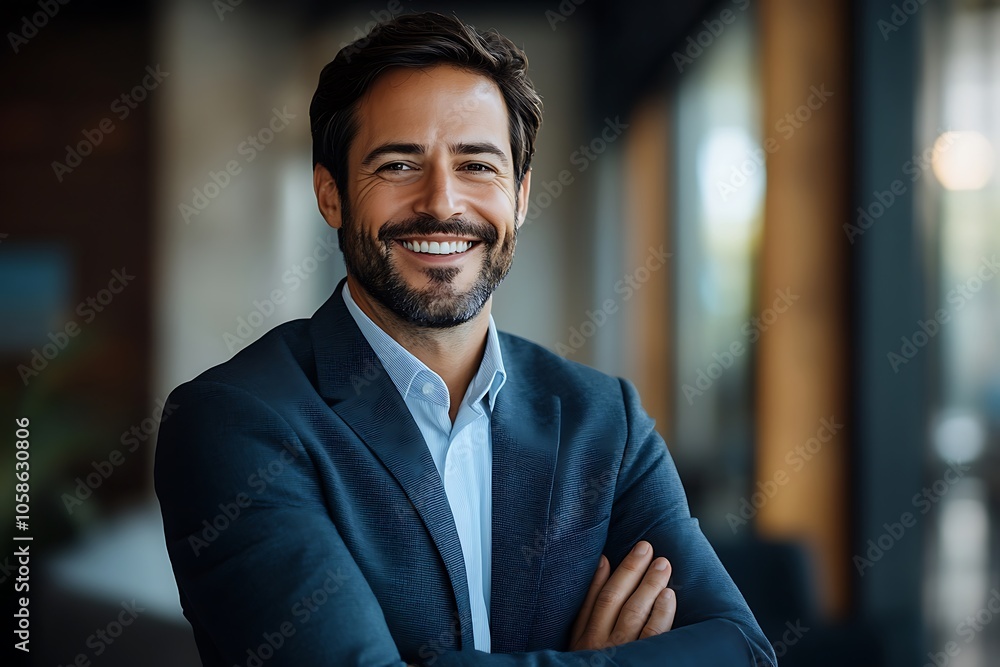 Confident Businessman in Navy Blue Suit with Crossed Arms Confident Businessman in Navy Blue Suit with Crossed Arms