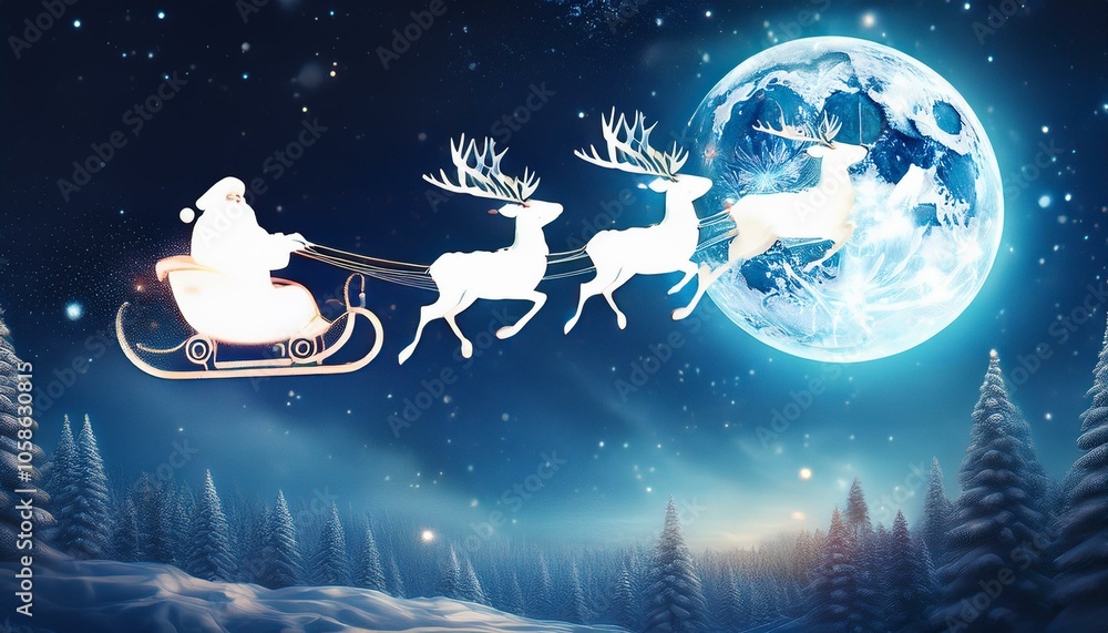 Naklejka premium Santa flying in the night sky in the sleigh with his reindeers during Christmas