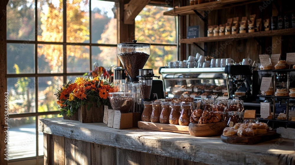 Fototapeta premium Barn cafe with rustic charm and autumn decor vibes
