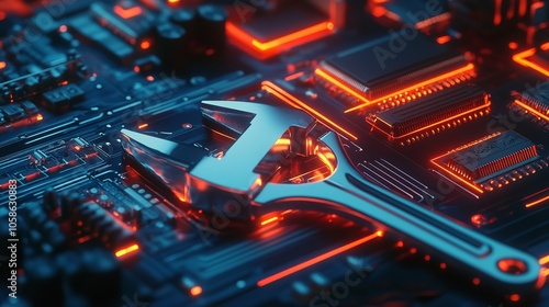  Neon wrench hovers over a circuit board representing technology photo