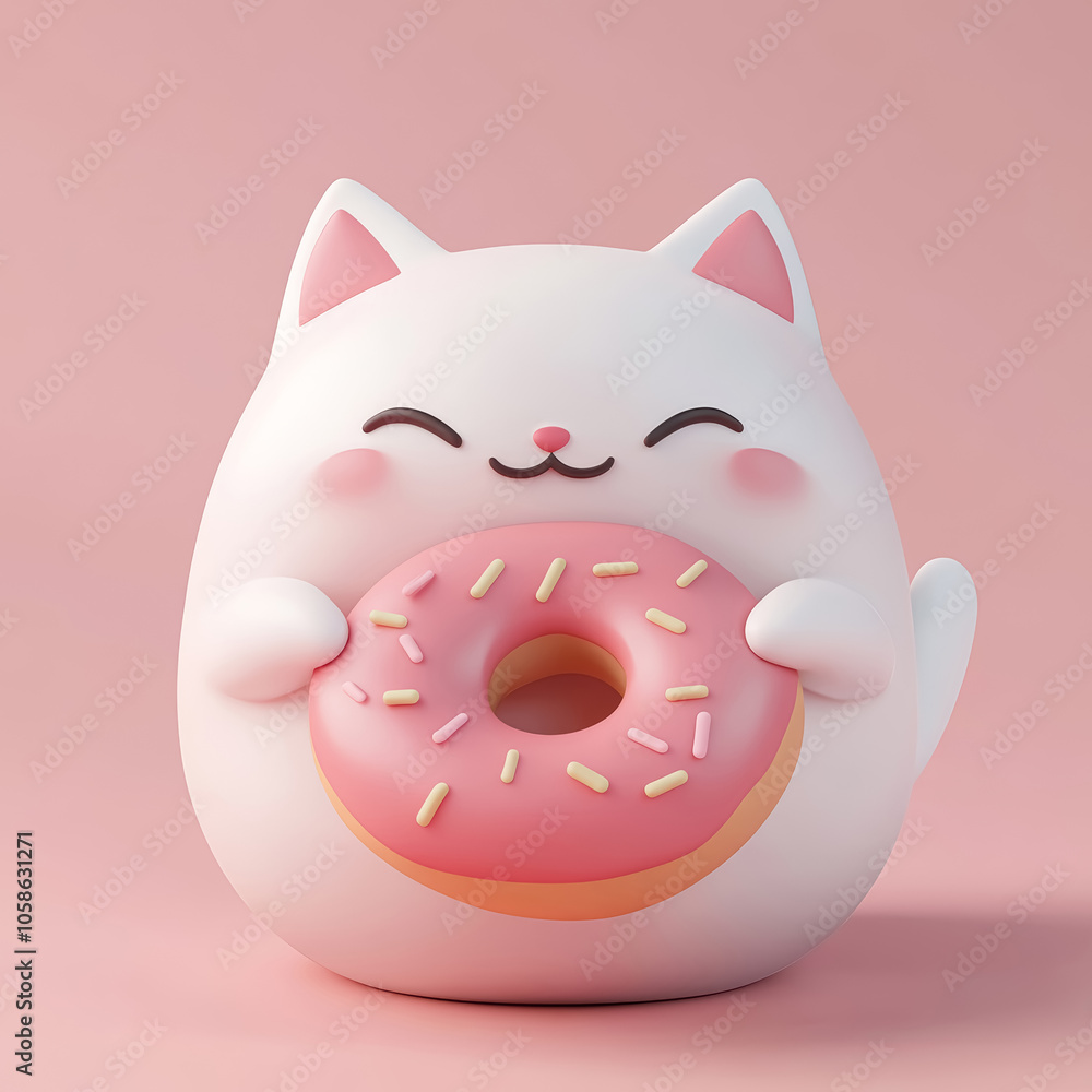 Cute fat funny white kawaii cat in Asian style holding a donut. Cartoon 3d character isolated on pastel pink background.
Cute fat funny white kawaii cat in Asian style holding a donut. Cartoon 3d character isolated on pastel pink background.