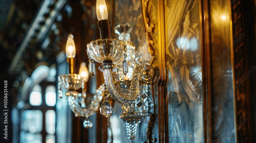 Antique crystal candelabra mounted on the wall. Antique crystal candelabra mounted on the wall.