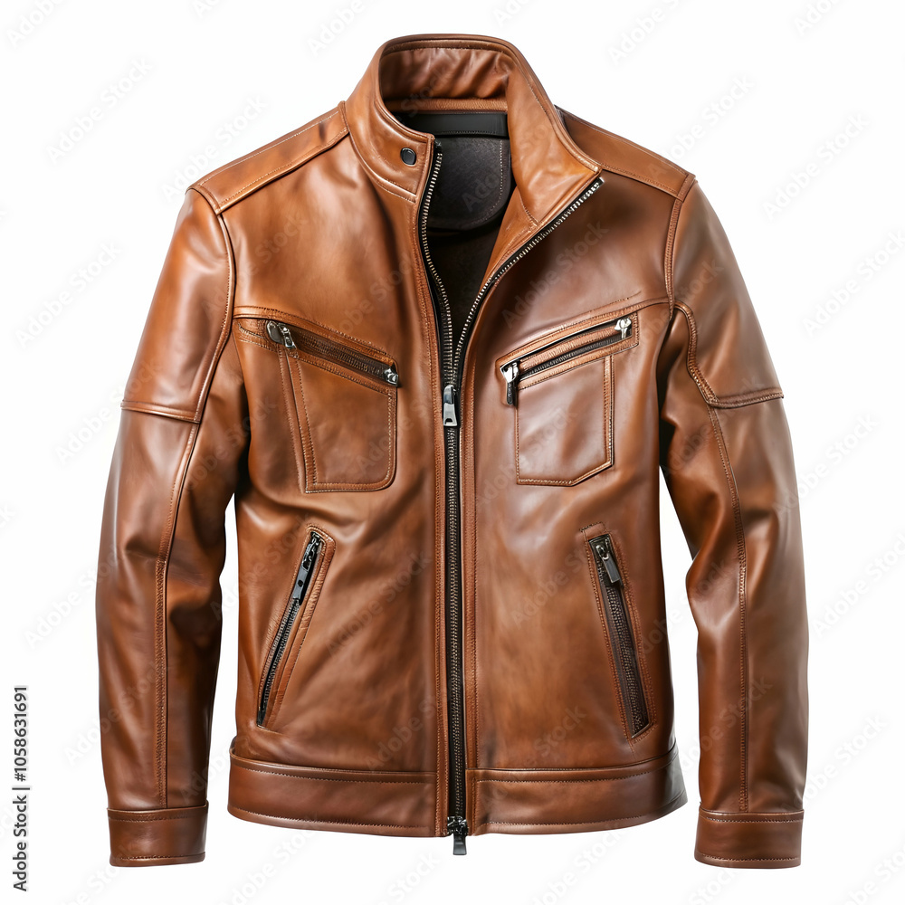 Naklejka premium Stylish brown leather jacket isolated on white, perfect for showcasing your designs.
