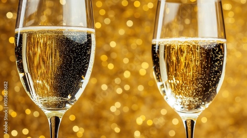 Two sparkling glasses of champagne with golden bubbles against a shimmering golden background, perfect for celebrations. photo