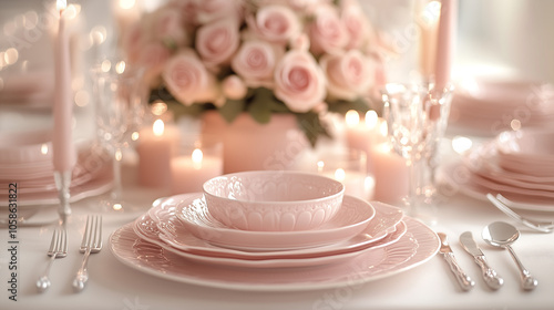 Elegant and Enchanting Setting Designed for romance, the dinner table is set with soft, pastel-colored decor, fine porcelain plates, and polished silverware