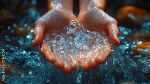 close-up of a waterfall river stream flowing delicately over hands, capturing the purity and refreshing essence of nature, evoking feelings of tranquility and connection to the outdoors