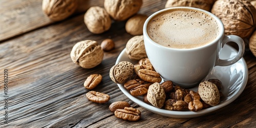 Enjoy a soothing weekend breakfast featuring a delightful combination of nuts and coffee, perfect for a leisurely start to your day. Savor the flavors of nuts and rich coffee.