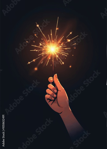 elegant and simple vector of a hand holds a sparkler with sparks glowing on dark gradient background