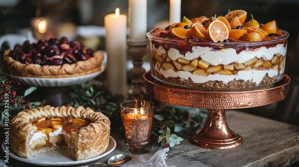 Thanksgiving Dessert Table OrangeCoffee Trifle Autumn Pies in Copper Setting Thanksgiving Dessert Table OrangeCoffee Trifle Autumn Pies in Copper Setting