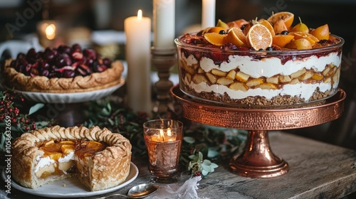 Thanksgiving Dessert Table OrangeCoffee Trifle Autumn Pies in Copper Setting photo