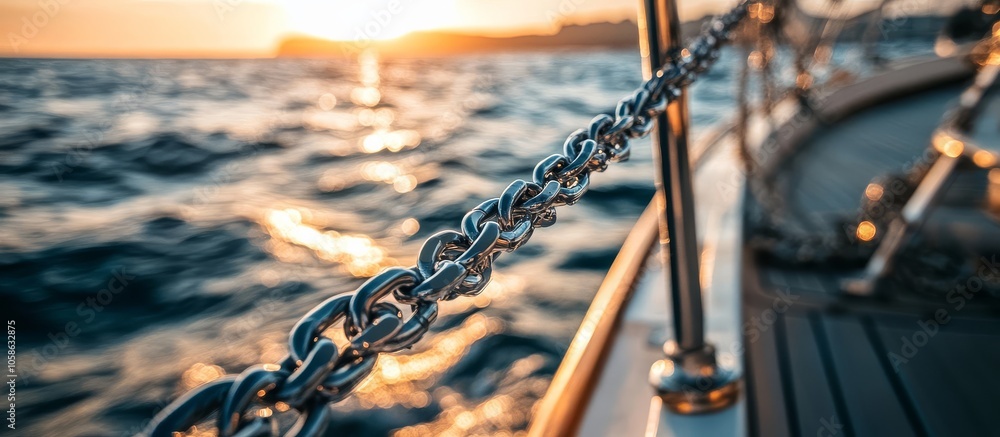 Close-up view of a yacht's anchor chain near Gibraltar during summer. Close-up view of a yacht's anchor chain near Gibraltar during summer.