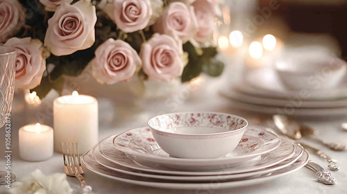 Elegant and Enchanting Setting Designed for romance, the dinner table is set with soft, pastel-colored decor, fine porcelain plates, and polished silverware