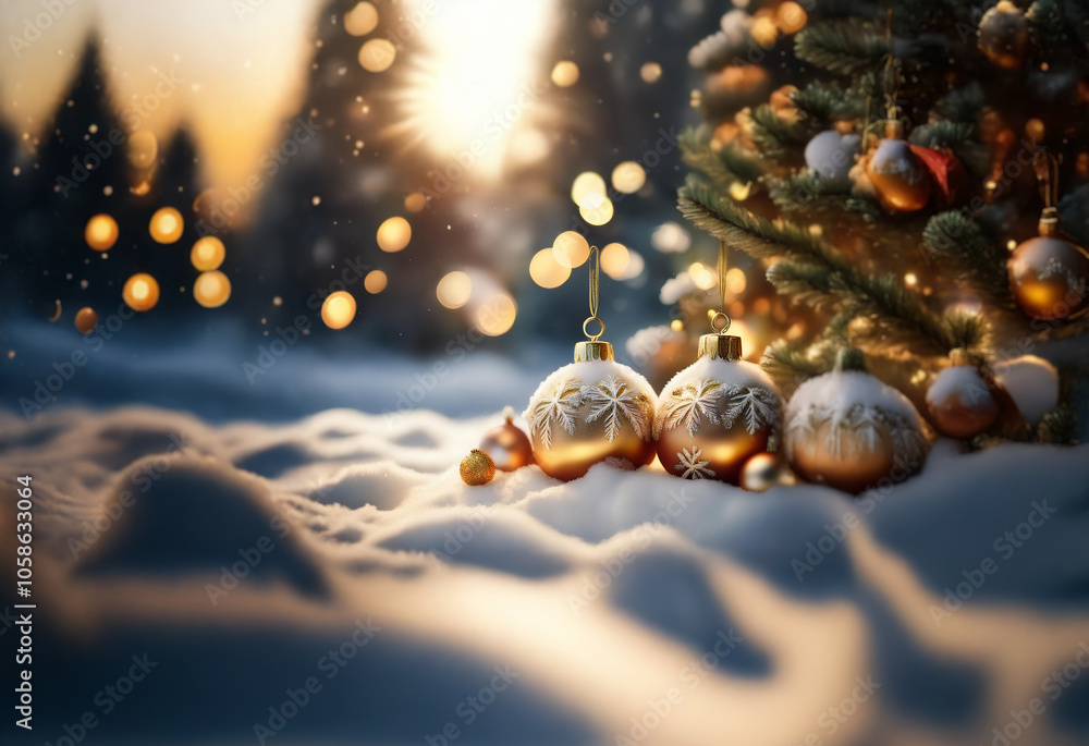 Fototapeta premium Ornaments rest in the snow beneath a decorated evergreen tree at sunset.