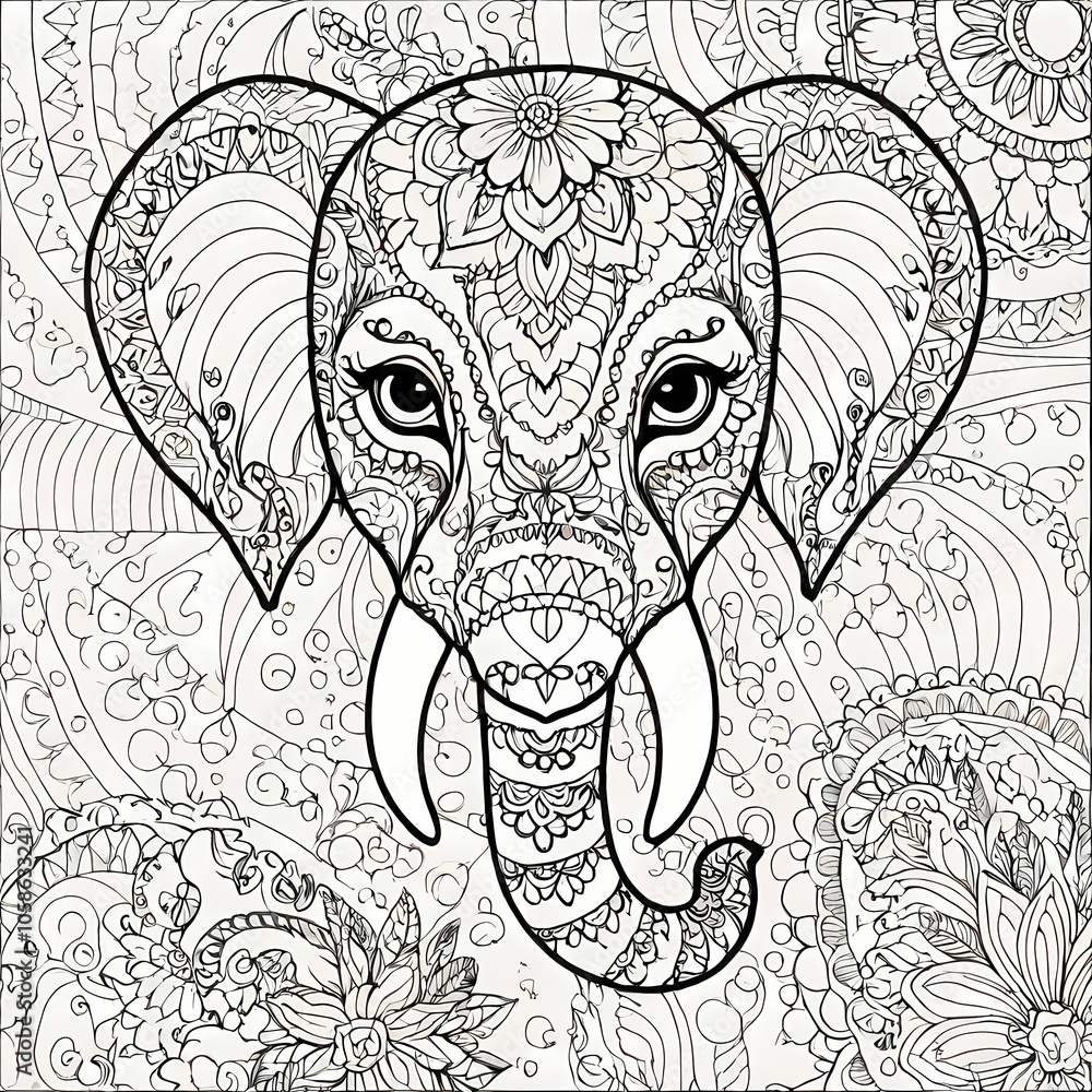 Fototapeta premium Elephant Mandala Coloring Page with Zentangle and Doodle Design