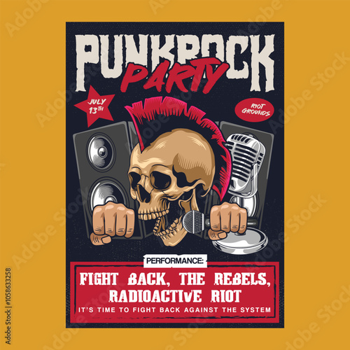 Vintage Punk Rock Music Night party festival concert poster flyer with skull head, microphone, and speaker in vector illustration style