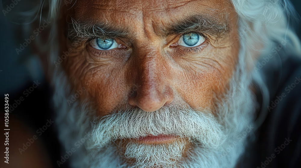 close-up of an elderly man with striking white hair and a neatly groomed beard, illuminated with soft light, capturing the wisdom in his expressive blue eyes against a minimalistic backdrop close-up of an elderly man with striking white hair and a neatly groomed beard, illuminated with soft light, capturing the wisdom in his expressive blue eyes against a minimalistic backdrop