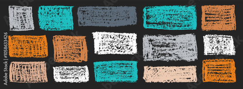 Chalk grunge rectangles set. Chalkboard sketches. Grunge rectangular shapes collection. Colorful chalk rectangles and squares. Grungy framings.