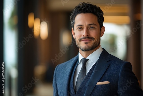 Confident Businessman in Navy Blue Suit, White Shirt, and Tie