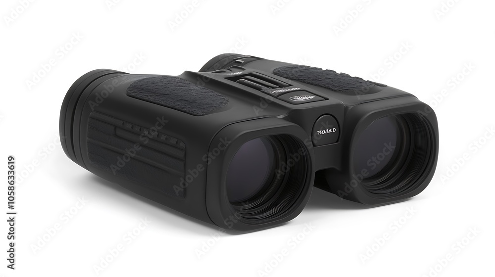 A pair of black binoculars designed for outdoor observation and viewing distant objects. A pair of black binoculars designed for outdoor observation and viewing distant objects.