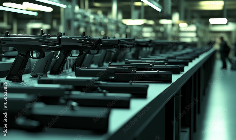 Obraz premium A row of black handguns on a table.