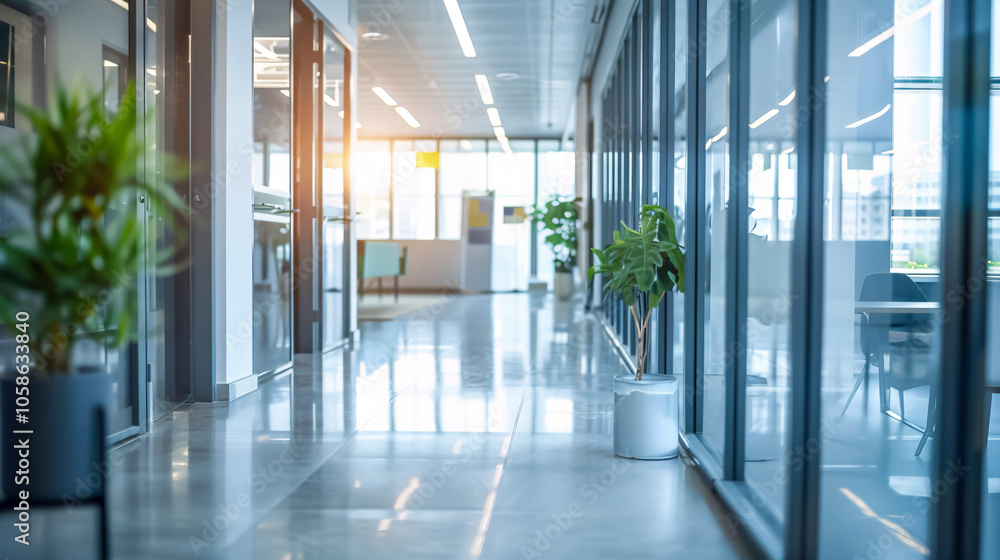 A modern office with a long corridor and a defocused room background, ideal for business presentations or corporate wallpaper. A modern office with a long corridor and a defocused room background, ideal for business presentations or corporate wallpaper.