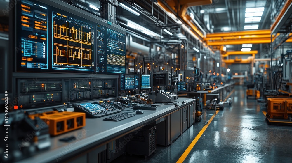 Obraz premium High-tech industrial workspace with control panels and machinery.