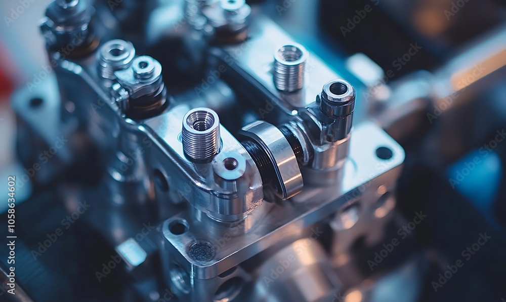 Close-up of a precision-engineered mechanical component, likely for an engine or machinery. Close-up of a precision-engineered mechanical component, likely for an engine or machinery.