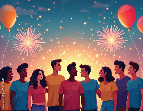 a vector poster with group of people in front of fireworks and colorful confetti with baloons behind