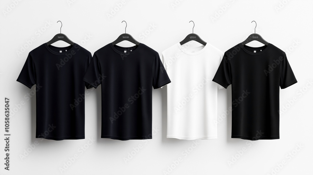 Four plain t-shirts on hangers displayed against a white background. Two black t-shirts and two white t-shirts are shown, emphasizing minimalist fashion design. Four plain t-shirts on hangers displayed against a white background. Two black t-shirts and two white t-shirts are shown, emphasizing minimalist fashion design.