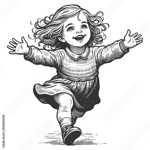 joyful little girl running with open arms, smiling and carefree, capturing the essence of childhood happiness and innocence sketch engraving generative ai vector illustration. Black and white image.