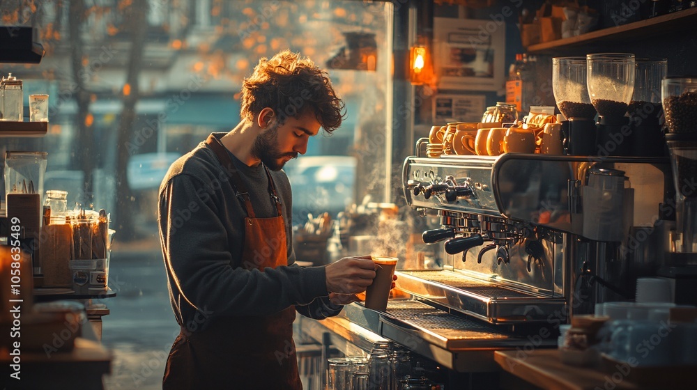 Man Making Coffee in a Modern Café, Barista Preparing Espresso or Latte for Customers, Coffee Shop Interior Man Making Coffee in a Modern Café, Barista Preparing Espresso or Latte for Customers, Coffee Shop Interior