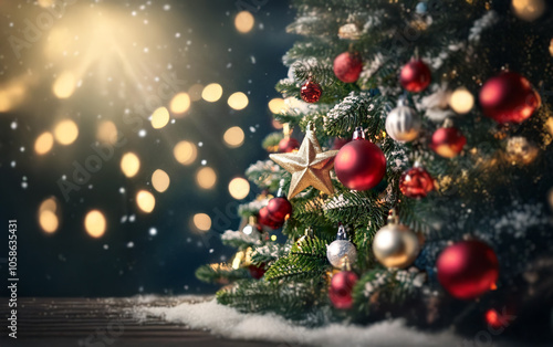 A decorated Christmas tree with red ornaments, gold star, and lights. Snow covers the branches and table below.