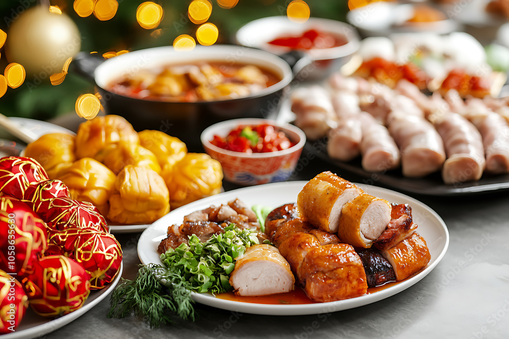 Festive traditional new year reunion dinner table overflowing with delicious dishes and delights Festive traditional new year reunion dinner table overflowing with delicious dishes and delights