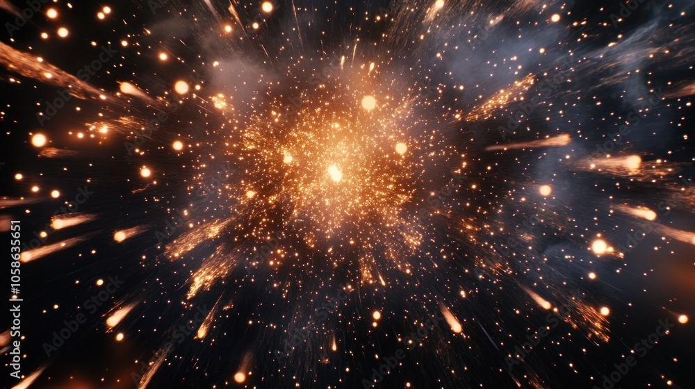 Abstract background with glowing particles and streaks of light radiating outwards from a central point. Abstract background with glowing particles and streaks of light radiating outwards from a central point.