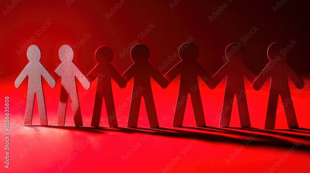 Paper Chain of People on Red Background Paper Chain of People on Red Background