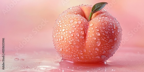 A vibrant peach embellished with glistening water droplets, captured in stunning ultra HD hyper realistic clarity, showcasing exquisite detail and freshness.