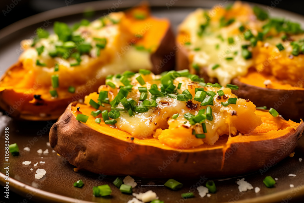 A plate of tasty potato skins, filled with a variety of vegetables, topped with melted cheese and chives. Perfect for cookbooks, advertisements and menues. A plate of tasty potato skins, filled with a variety of vegetables, topped with melted cheese and chives. Perfect for cookbooks, advertisements and menues.