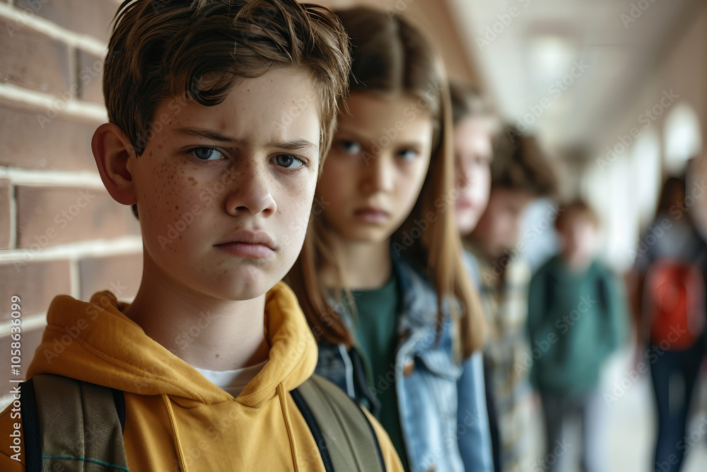 Intense close-up of a young sad frightened boy girl facing bullying at school, surrounded by peers, Generative AI Intense close-up of a young sad frightened boy girl facing bullying at school, surrounded by peers, Generative AI