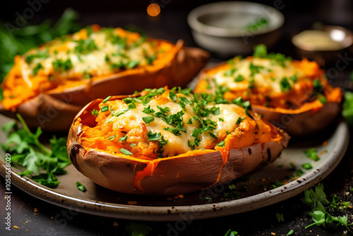 A plate of tasty potato skins, filled with a variety of vegetables, topped with melted cheese and chives. Perfect for cookbooks, advertisements and menues.