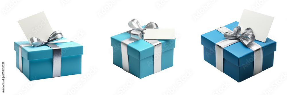 Obraz premium gift box wrapped in blue paper with a silver ribbon and an attached note card, conveying a personalized touch, isolated on a transparent background 