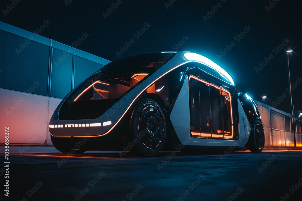 Fototapeta premium Futuristic electric vehicle illuminated at night urban setting