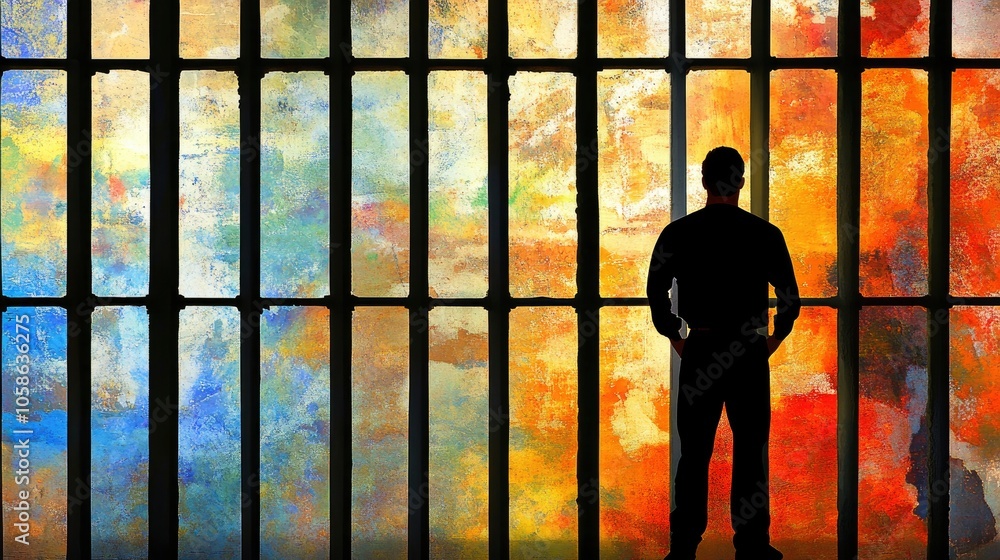 Fototapeta premium Man Looking Out Window with Colorful Glass
