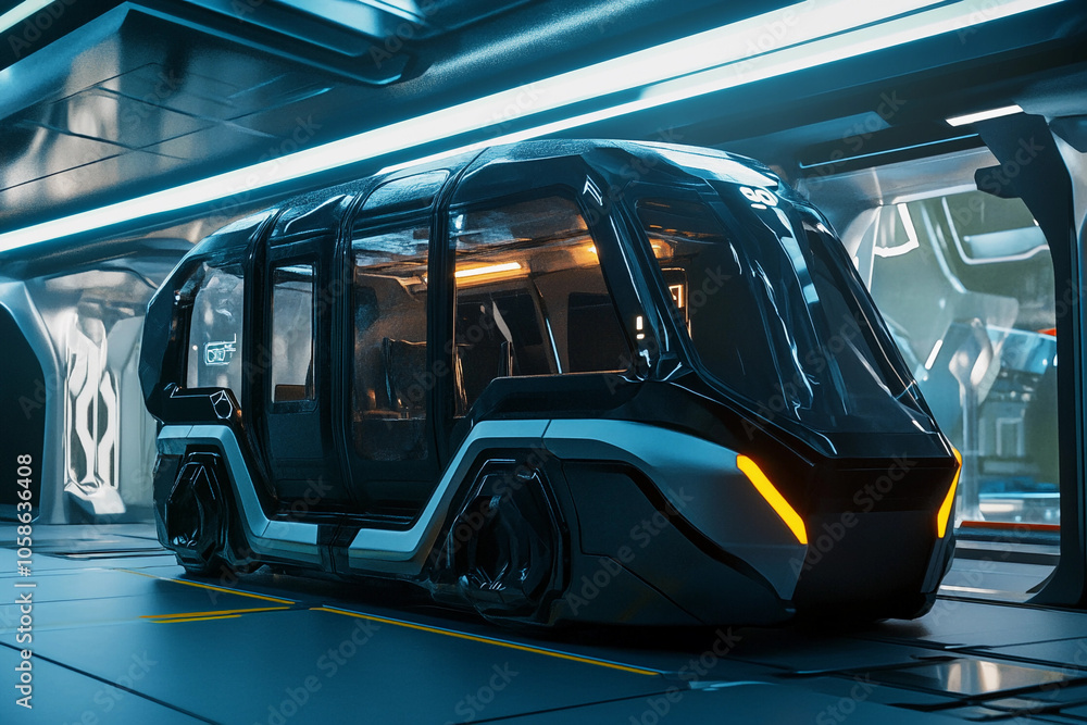 Futuristic autonomous vehicle in a high-tech transport hub Futuristic autonomous vehicle in a high-tech transport hub