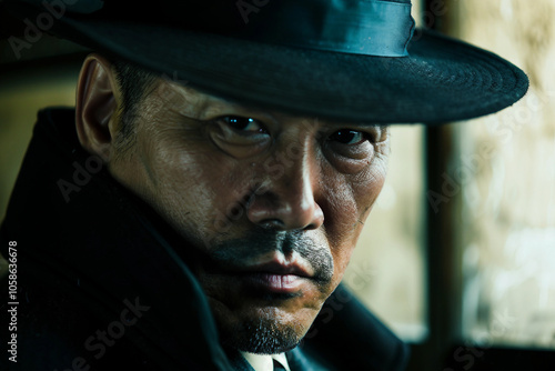 Generative AI Image of Intense Asian Gangster with Tattooed Face in Criminal Mafia Group