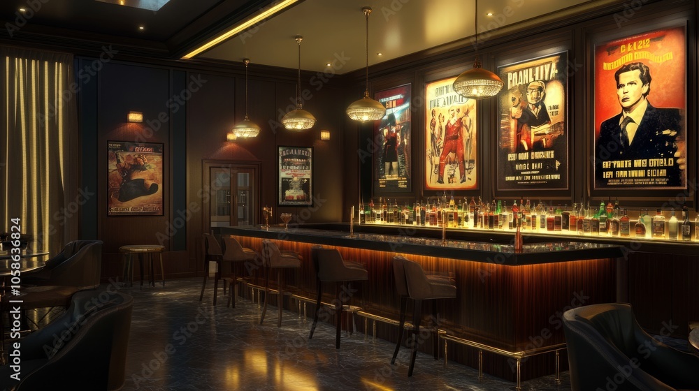 Elegant bar setup with classic movie posters on the walls and soft lighting from hanging lamps, featuring a polished counter and seating area Elegant bar setup with classic movie posters on the walls and soft lighting from hanging lamps, featuring a polished counter and seating area