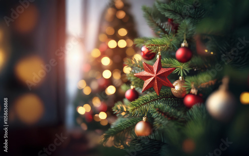Wallpaper Mural A close-up of a decorated Christmas tree with red and gold ornaments and a red star on top, with a blurred background of another tree with twinkling lights. Torontodigital.ca